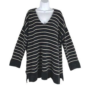 Organic Cotton Chenille Eileen Fisher Black and White Striped V-Neck Sweater